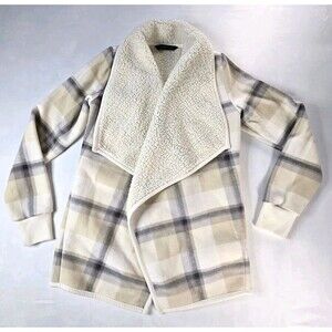 Abercrombie & Fitch Plaid Sherpa Knit Cardigan Sweater Ivory Beige Gray XS Women